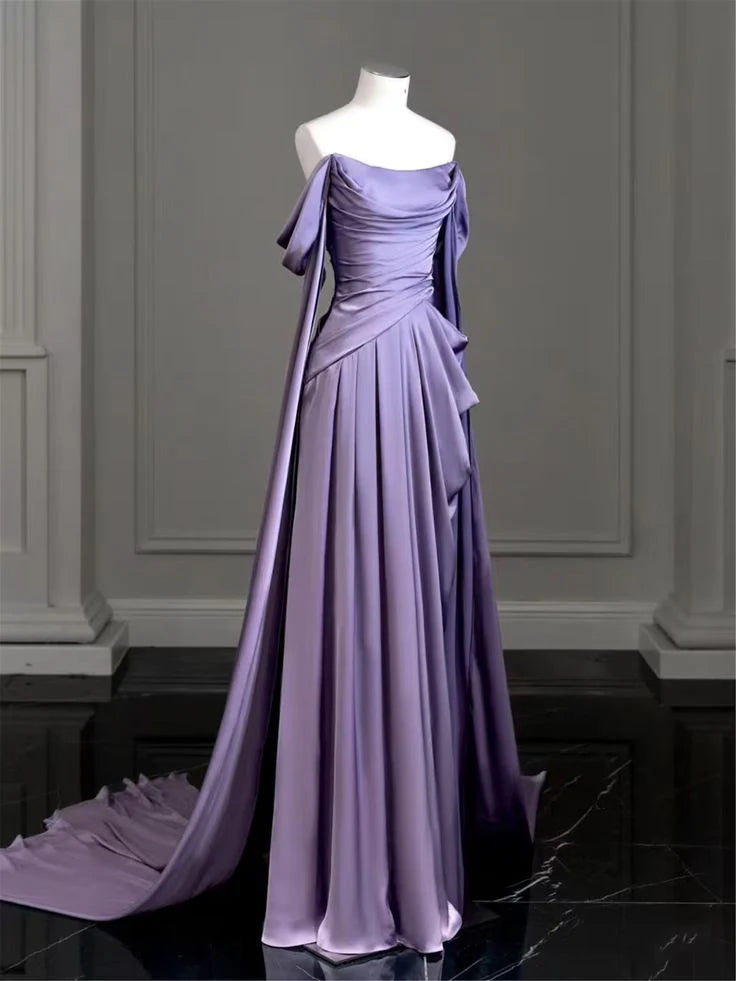 Elegant satin backless pleated tight trailing ball gown
