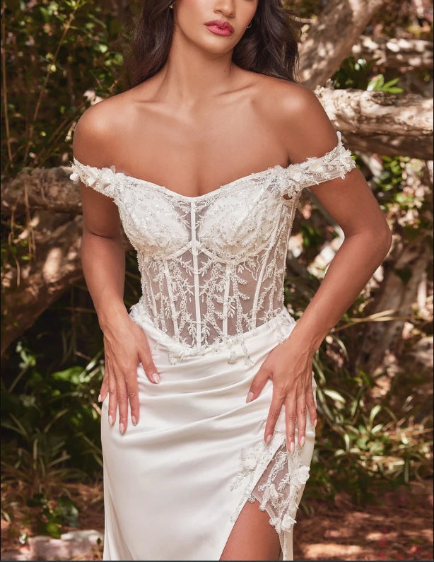 DingJiDress Wedding Dress December Wedding Off Shoulder With Lace Adorned Sheer Bodice Soft Satin With Thigh High Leg Slit Detailed Flowers Beading Elegant Luxury Dress
