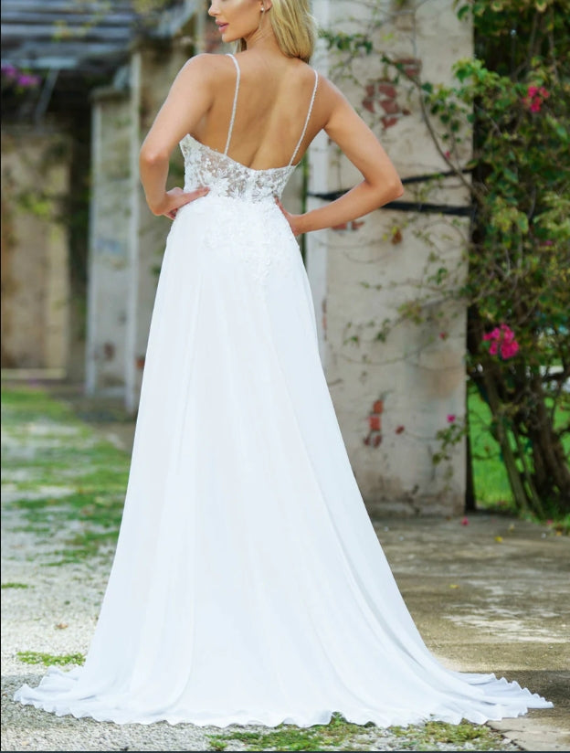 DingJiDress Wedding Dress December Wedding A-line Chiffon Sleeveless See-Through Deep Sweetheart Bodice Bead Embellished Floral Applique Bodice Floor Length Chiffon Skirt Sweep Train Dress