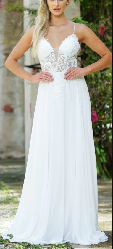 DingJiDress Wedding Dress December Wedding A-line Chiffon Sleeveless See-Through Deep Sweetheart Bodice Bead Embellished Floral Applique Bodice Floor Length Chiffon Skirt Sweep Train Dress