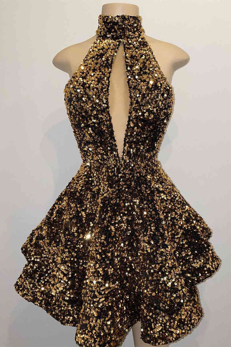 Glitter Halter Gold Sequins A-Line Short Party Dress Homecoming Dresses