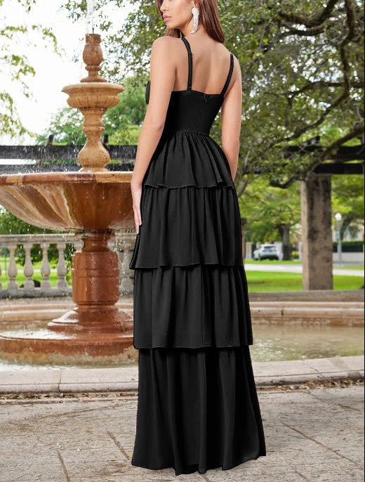 DingJiDress New Pattern Wedding Guest Dress Spaghetti Strap Cascading Ruffles Side fork Gracefully Black Formal Dress Evening Dress