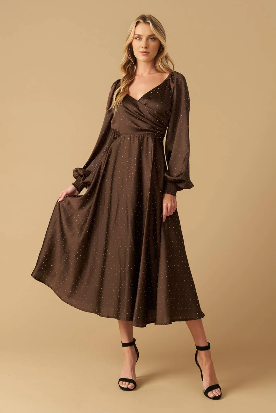 DingJiDress November December Wedding Guest Dress A-line Deep V Neck Dots Long Sleeves Autumn Winter Plus Size Formal Dresses Party Dress