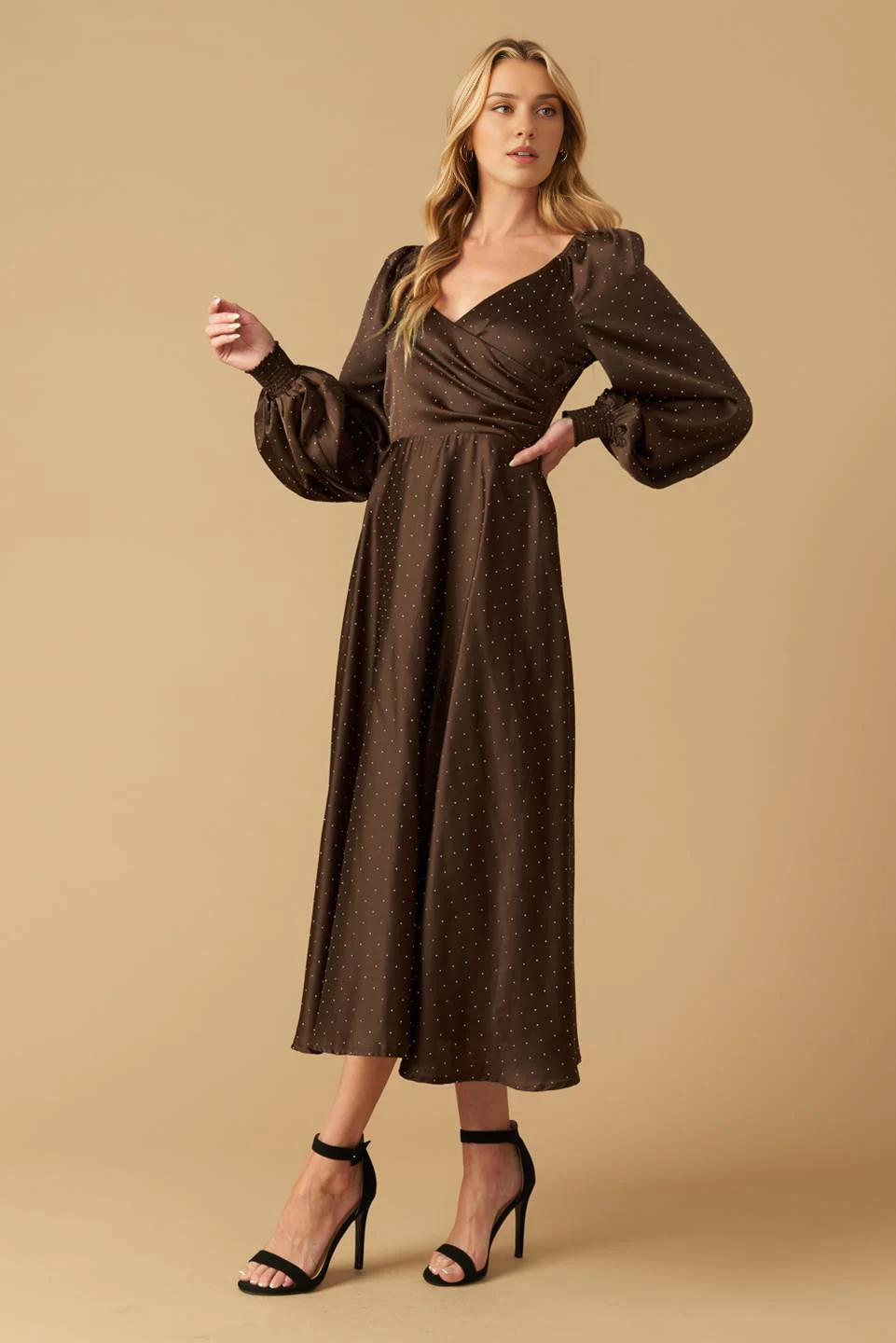 DingJiDress November December Wedding Guest Dress A-line Deep V Neck Dots Long Sleeves Autumn Winter Plus Size Formal Dresses Party Dress