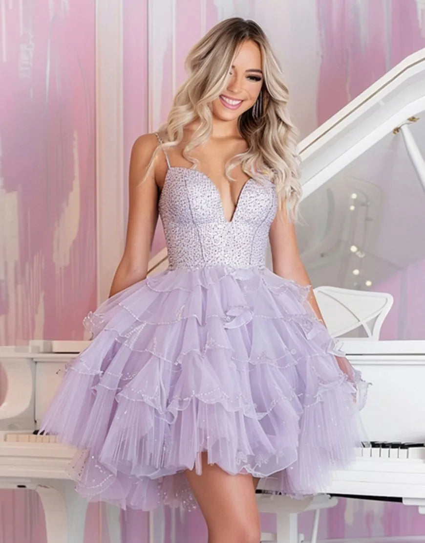 Light purple short A-line version chiffon thin shoulder back to school dress