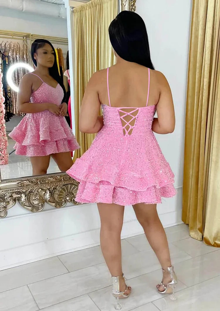 Light Pink Sequins Spaghetti Strap Sleeveless Short Homecoming Dress with Ruffles
