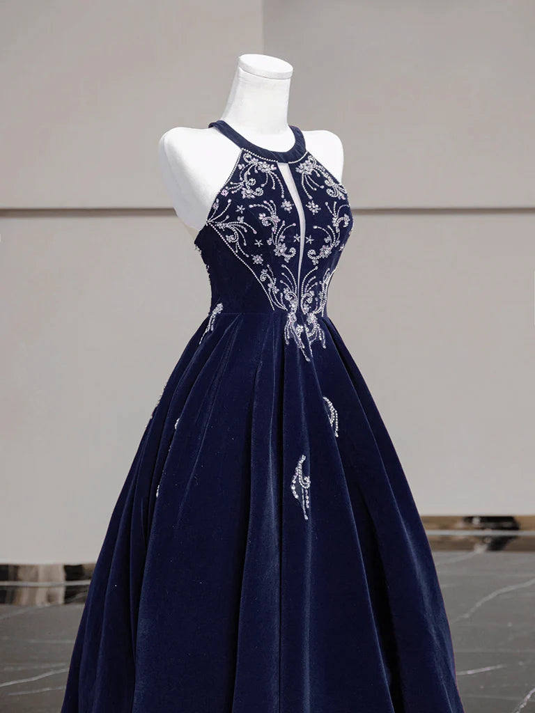 A-Line Velvet Beads Dark Blue Long Prom DressBlue Long Evening Dress