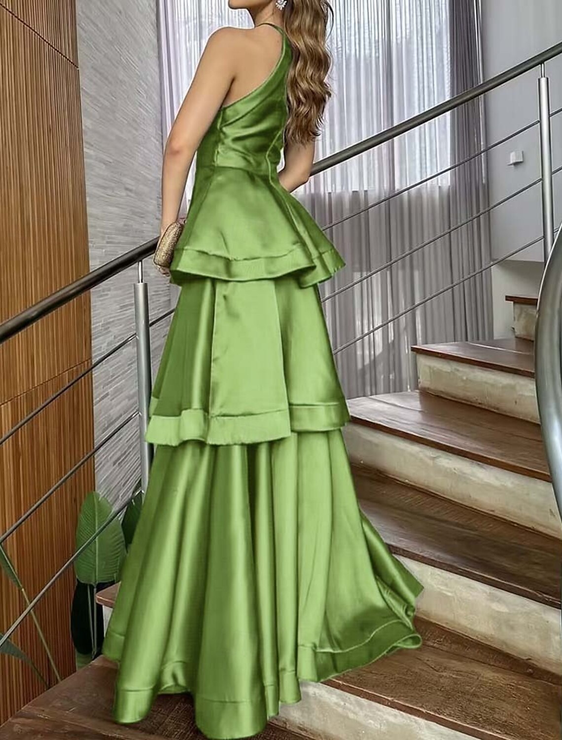 A-Line Evening Gown Elegant Tiered Dress Formal Wedding Floor Length Sleeveless Halter Neck Satin