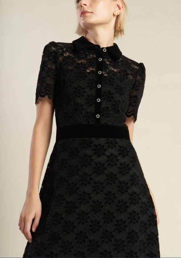 DingJiDress New Pattern Wedding Guest Dress Lace Dress Featuring Shirt Collar Bodice Button Down Short Sleeve Back Zipper Closure Black Formal Dress Evening Dress
