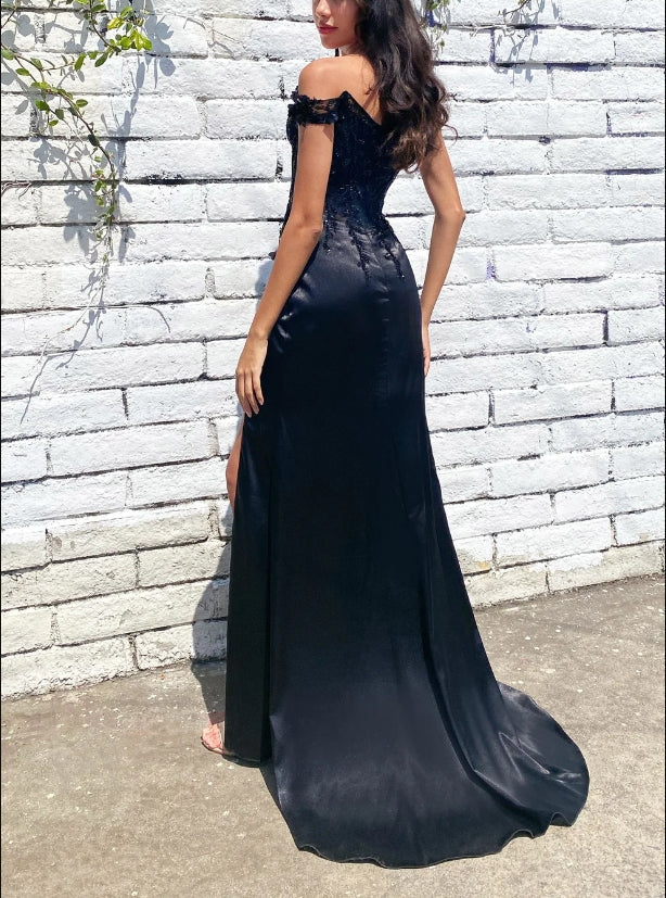 DingJiDress New Pattern Wedding Guest Dress Soft Satin Off-the-shoulder Lace Adorned Sheer Bodice Detailed Flowers Beading Thigh-High Leg Slit Elegant Black Formal Dress Evening Dress