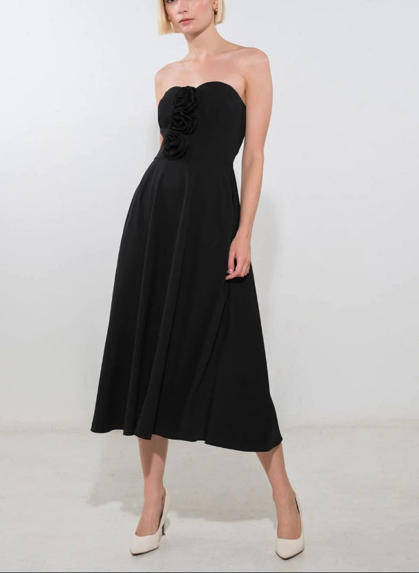 DingJiDress New Pattern Wedding Guest Dress Strapless Center Rosette Full Skirt Back Zipper Closure Backless Black Formal Dress Evening Dress
