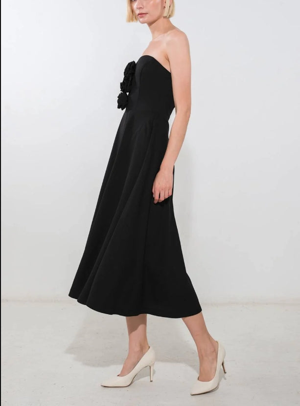 DingJiDress New Pattern Wedding Guest Dress Strapless Center Rosette Full Skirt Back Zipper Closure Backless Black Formal Dress Evening Dress