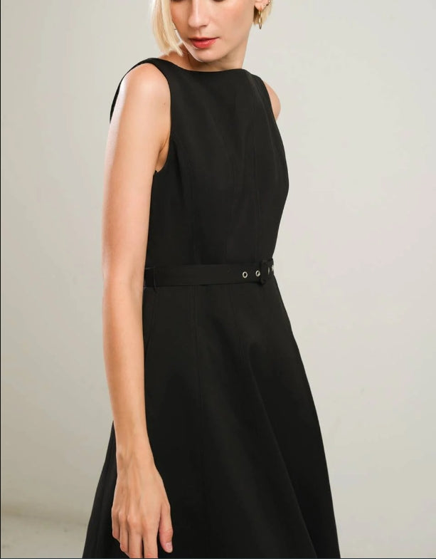 DingJiDress New Pattern Wedding Guest Dress Featuring Boat Neckline Sleeveless Full Skirt Self Belt Side Pocket Elegant Black Formal Dress Evening Dress