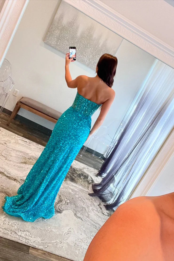 Charming Mermaid Sweetheart Blue Sequins Long Prom Dress with Beading