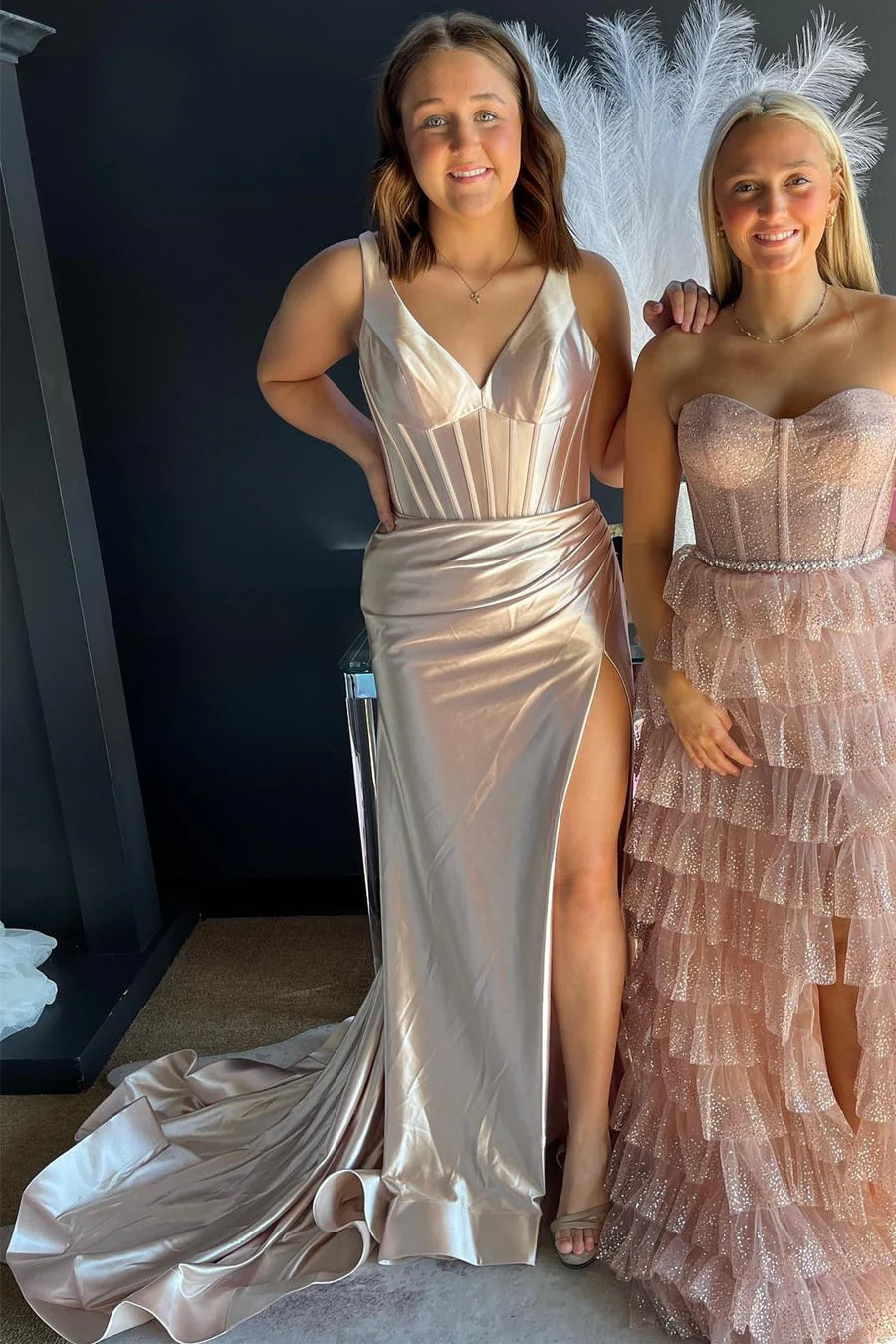 Pink V-neck pleated mermaid long formal dress with slit