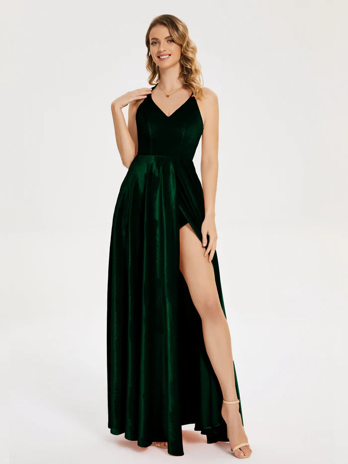 V-neck Straps Velvet Prom Dress with Slit