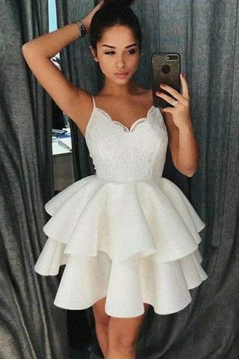 Simple Spaghetti Straps Short Homecoming with Lace Satin Graduation Dress