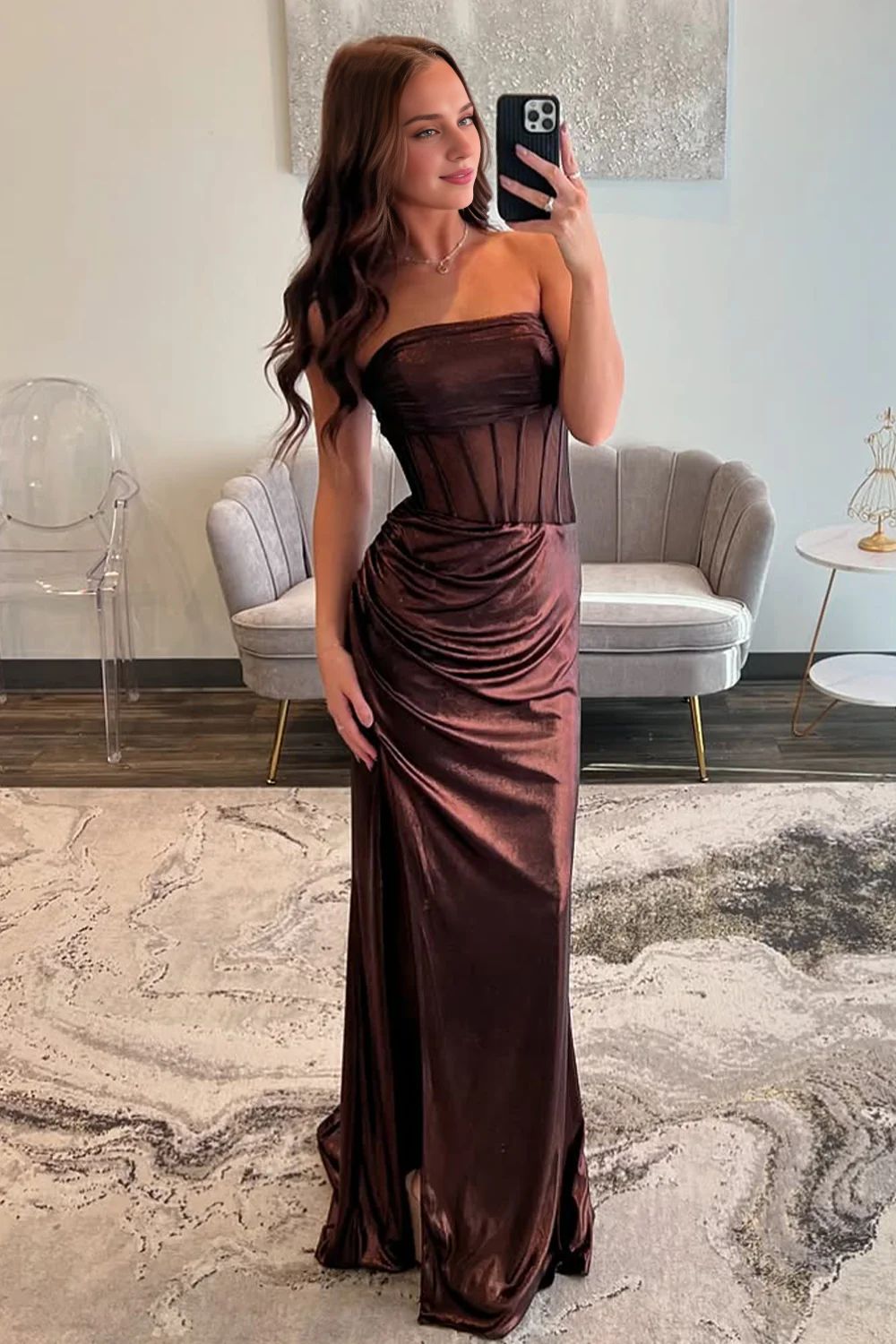 DingJiDress Chic Mermaid Strapless Pleated Long Metallic with Leg Slit Exquisite Prom Dress