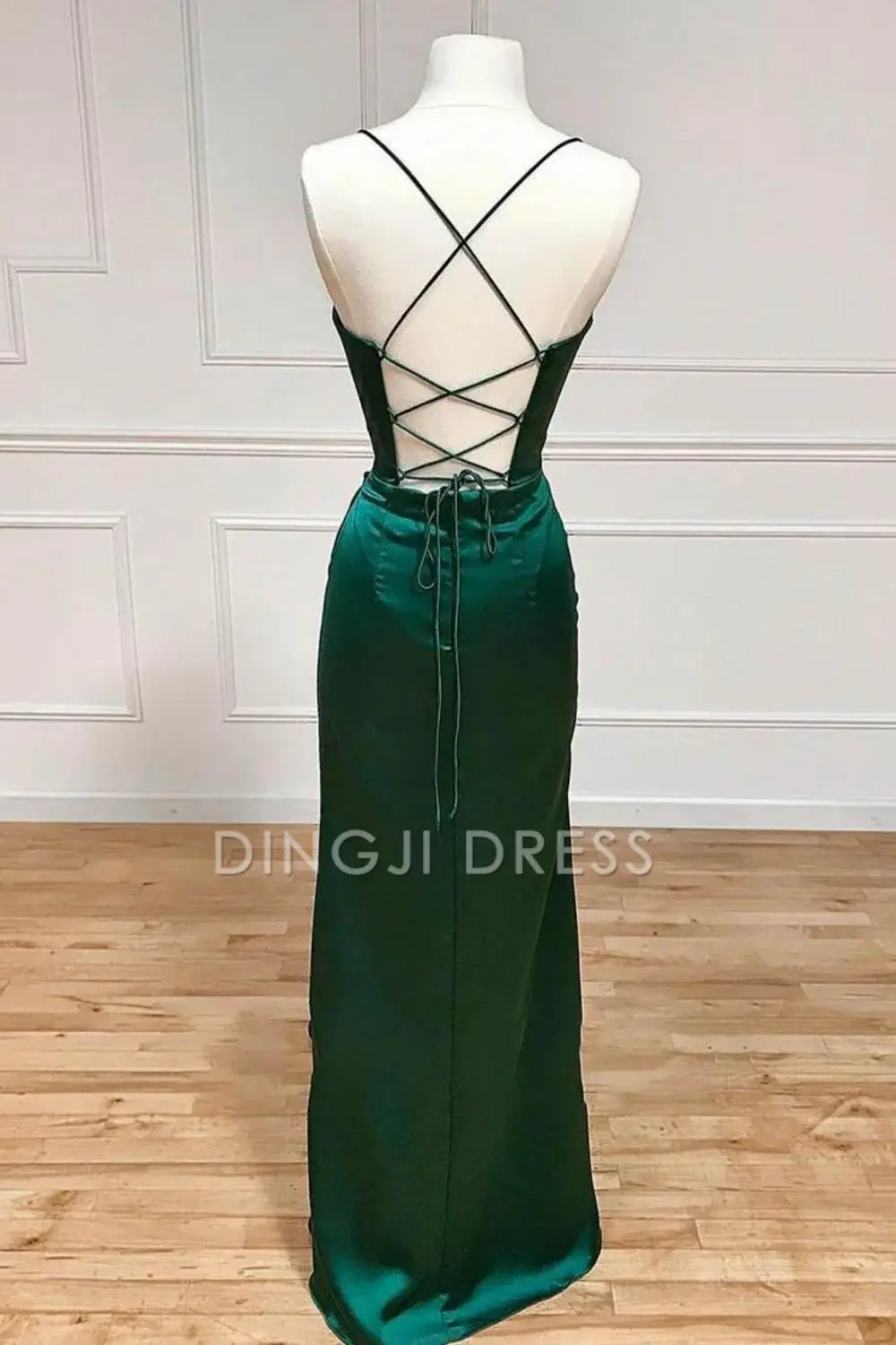 DingJiDress Simple Satin Mermaid Spaghetti Straps Lace Up Long With Split Elegant Prom Dress