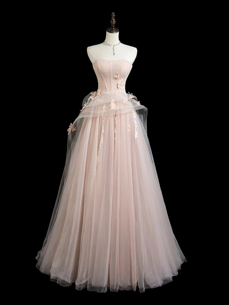 A-Line Tulle Lace Pink Long Prom Dress Pink Long Formal Dress