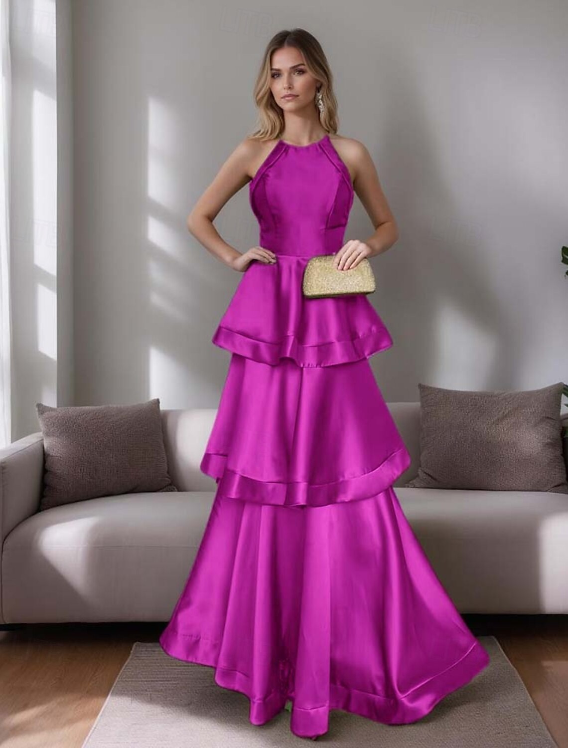 A-Line Evening Gown Elegant Tiered Dress Formal Wedding Floor Length Sleeveless Halter Neck Satin