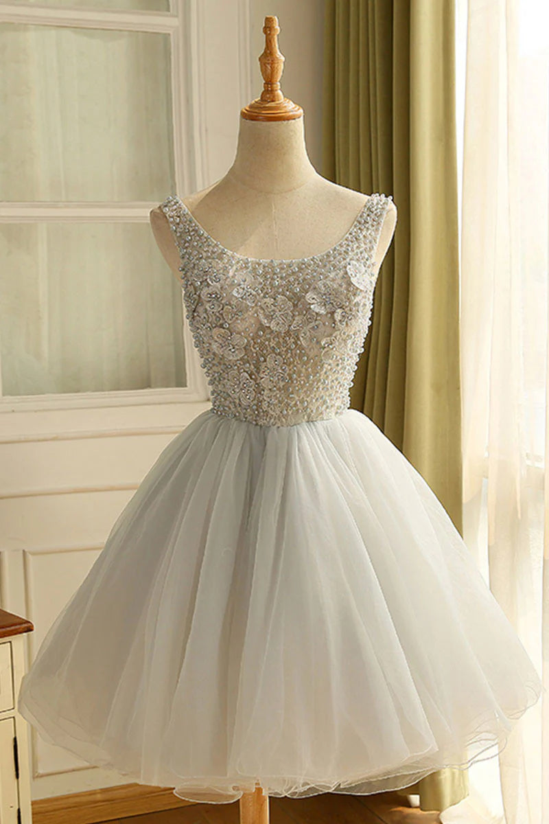 Gray round neck tulle short prom dress cute homecoming dress
