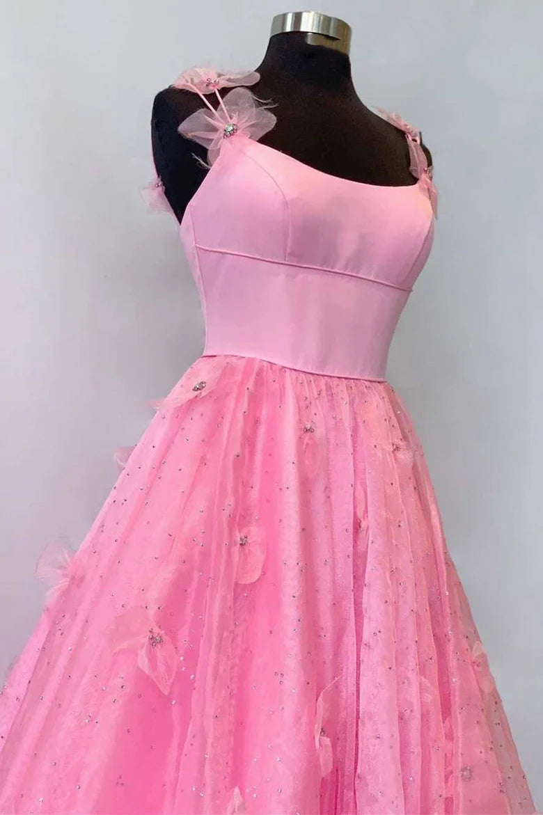 Pink Floral Lace Scoop Neck A-Line Prom Dress