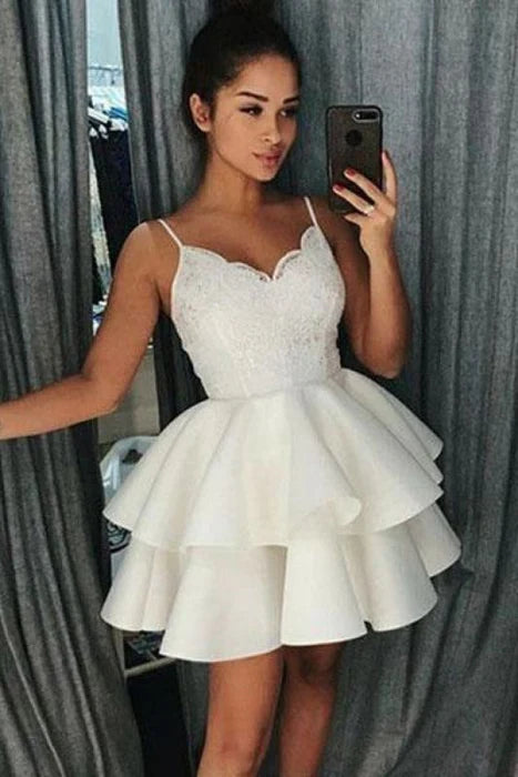 Simple Spaghetti Straps Short Homecoming with Lace Satin Graduation Dress