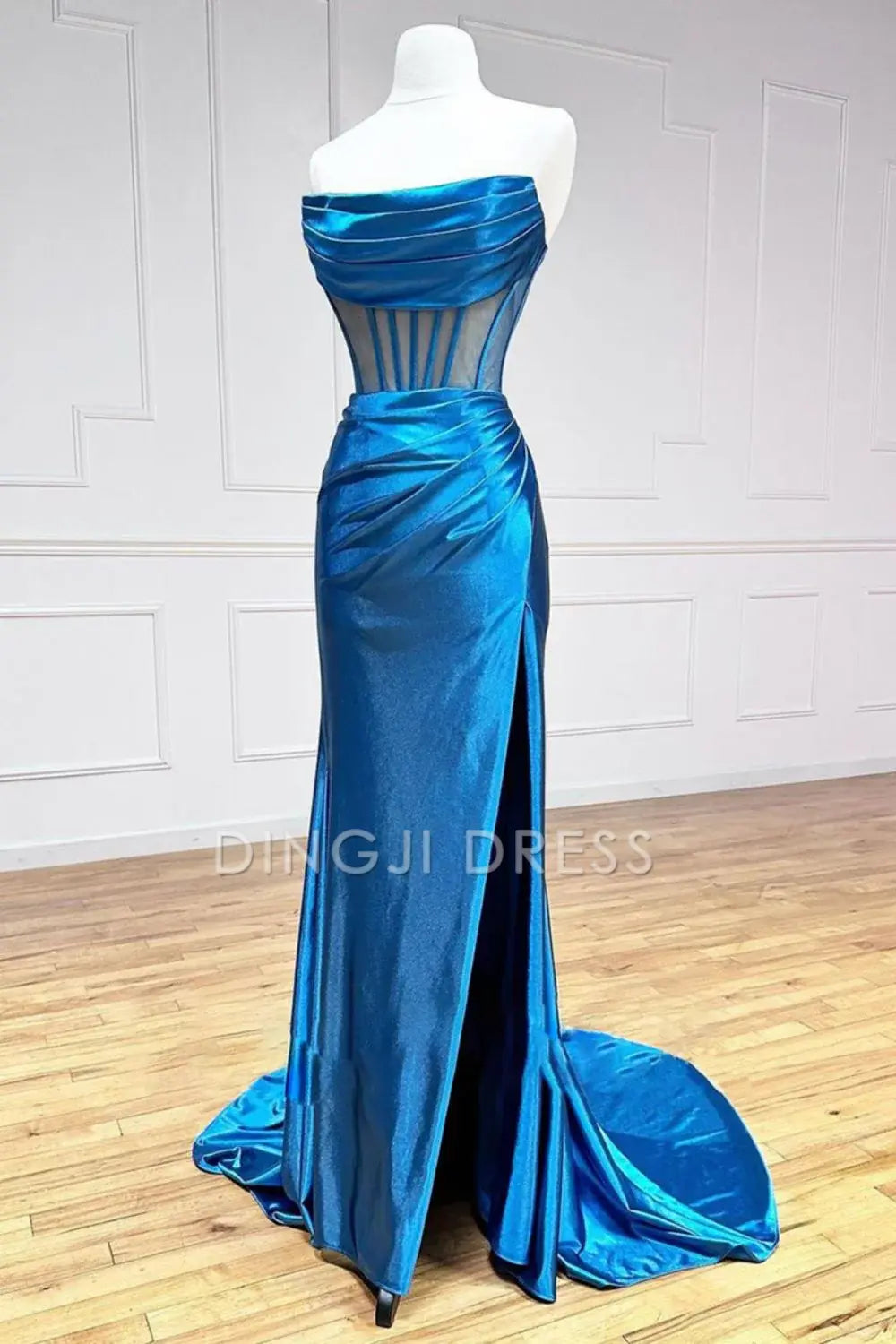 DingJiDress Elegant Mermaid Strapless Sweep Train Satin With Split And Pleating Prom Dress