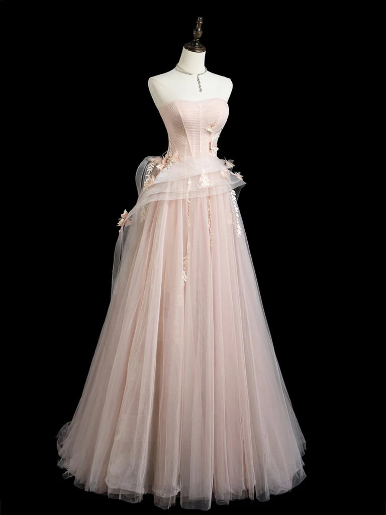 A-Line Tulle Lace Pink Long Prom Dress Pink Long Formal Dress