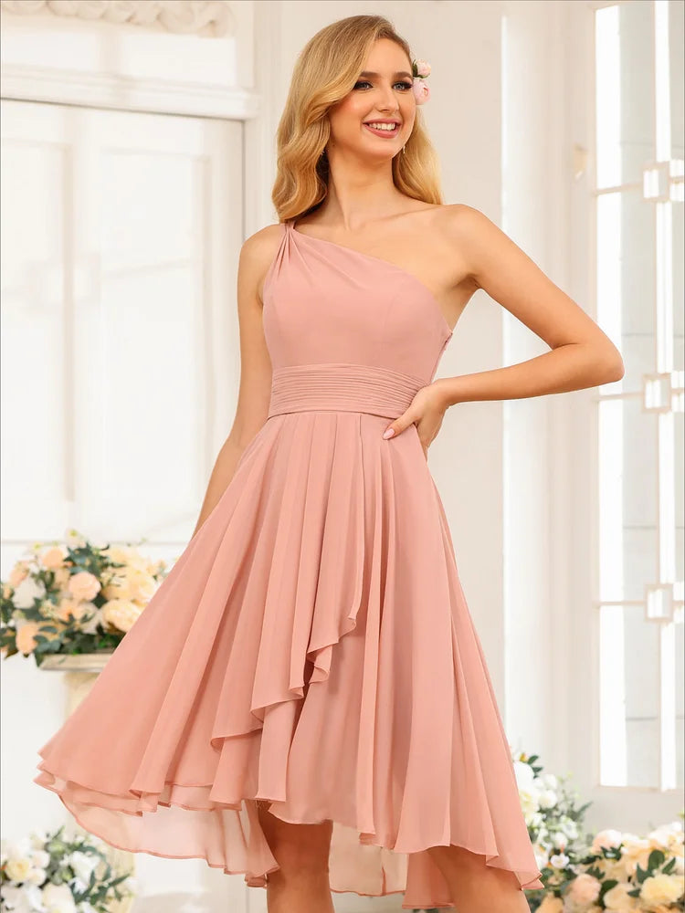 Simple Dusty Pink Chiffon One Shoulder Sleeveless Pleated Short Dress with Ruffles