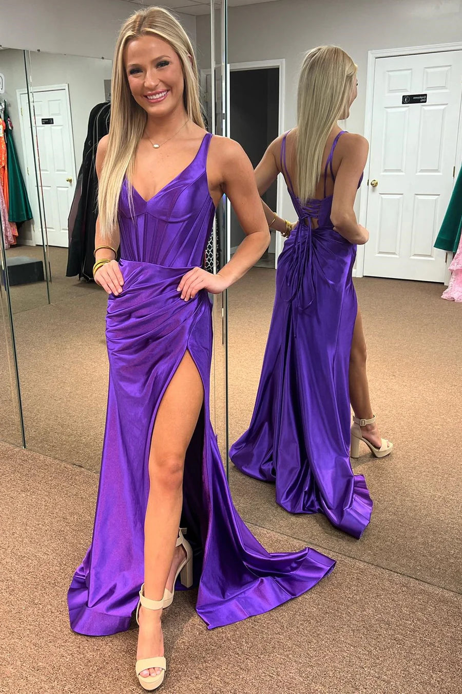 Pink V-neck pleated mermaid long formal dress with slit