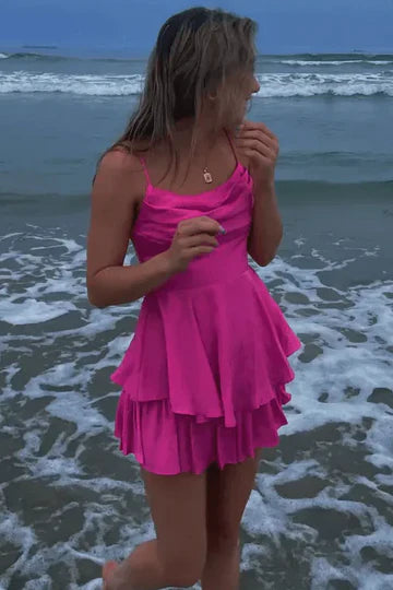 Spaghetti Straps Ruffles Satin Sleeveless Short Homecoming Dress