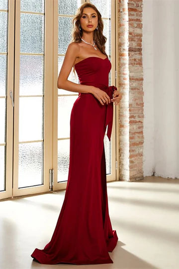Burgundy Satin Strapless Bodycon Mermaid Long Evening Dress