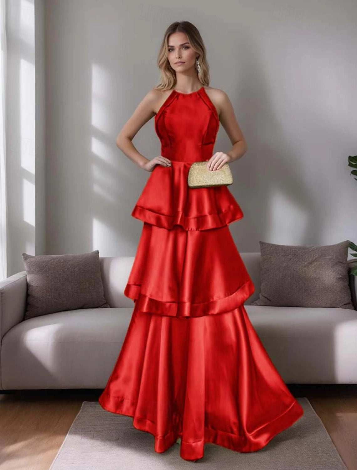A-Line Evening Gown Elegant Tiered Dress Formal Wedding Floor Length Sleeveless Halter Neck Satin