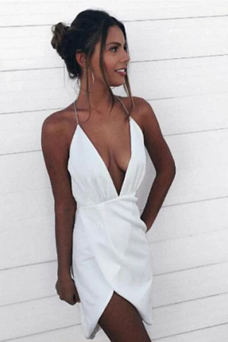 Sexy Asymmetrical Deep V-Neck Halter Short Homecoming Mini White Dress