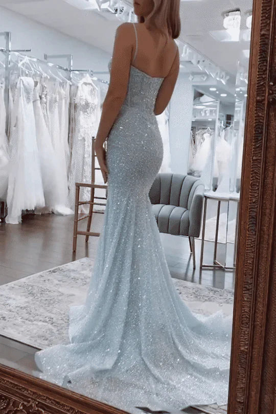 Charming Mermaid Sweetheart Light Sky Blue Sequins Long Prom Dresses