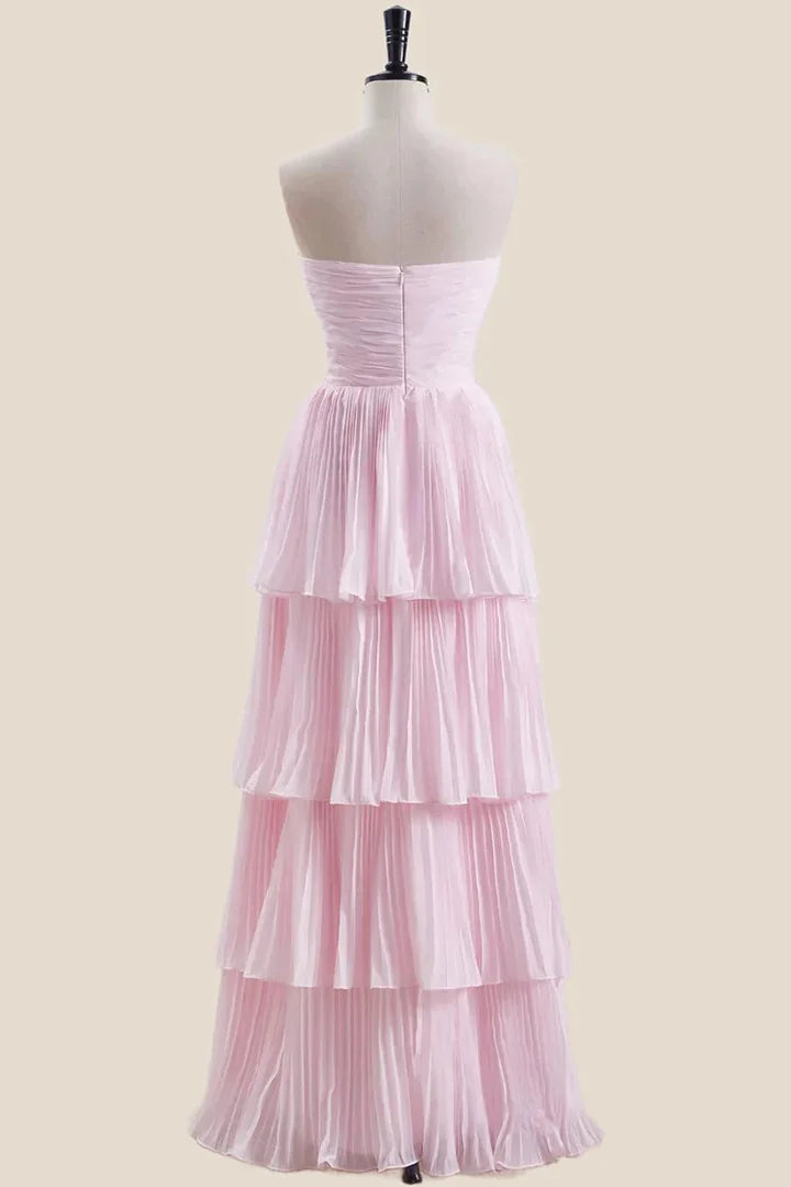 Pink Chiffon Tiered Ruffles Long Prom Dress Pink Strapless Party Dress