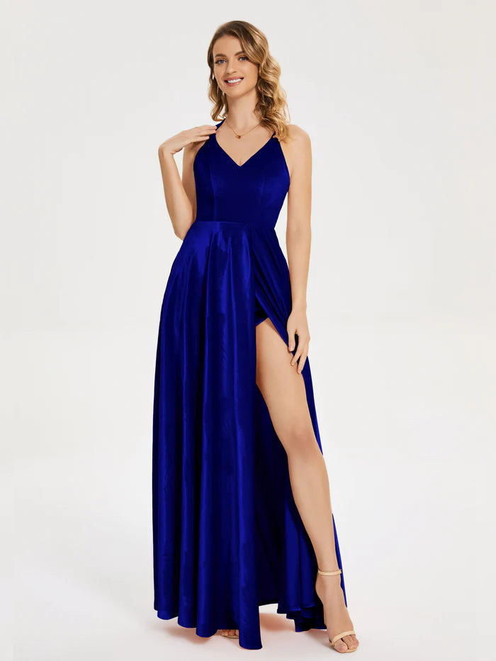 V-neck Straps Velvet Prom Dress with Slit