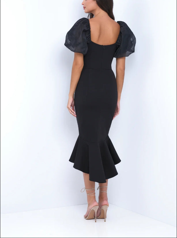DingJiDress New Pattern Wedding Guest Dress Mermaid V-Neckline Zip-up Back Charming Puff Sleeve Ruffled Hem Black Formal Dress Evening Dress