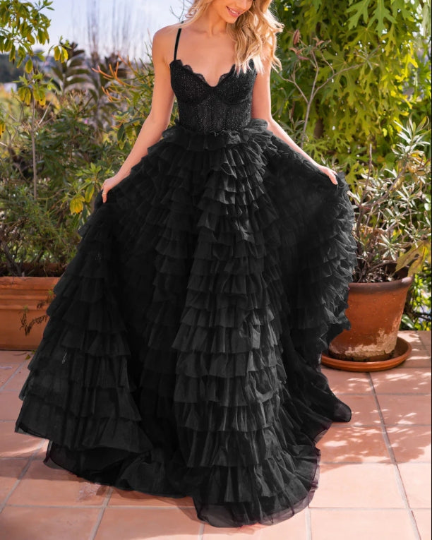 DingJiDress New Pattern Wedding Guest Dress A-line Tulle Skirt Bodice Embellished Same Tone Crystals Lace up Open Back Floor Length Layered Ruffles Side Leg Slit Sweep Train Black Formal Dress Evening Dress