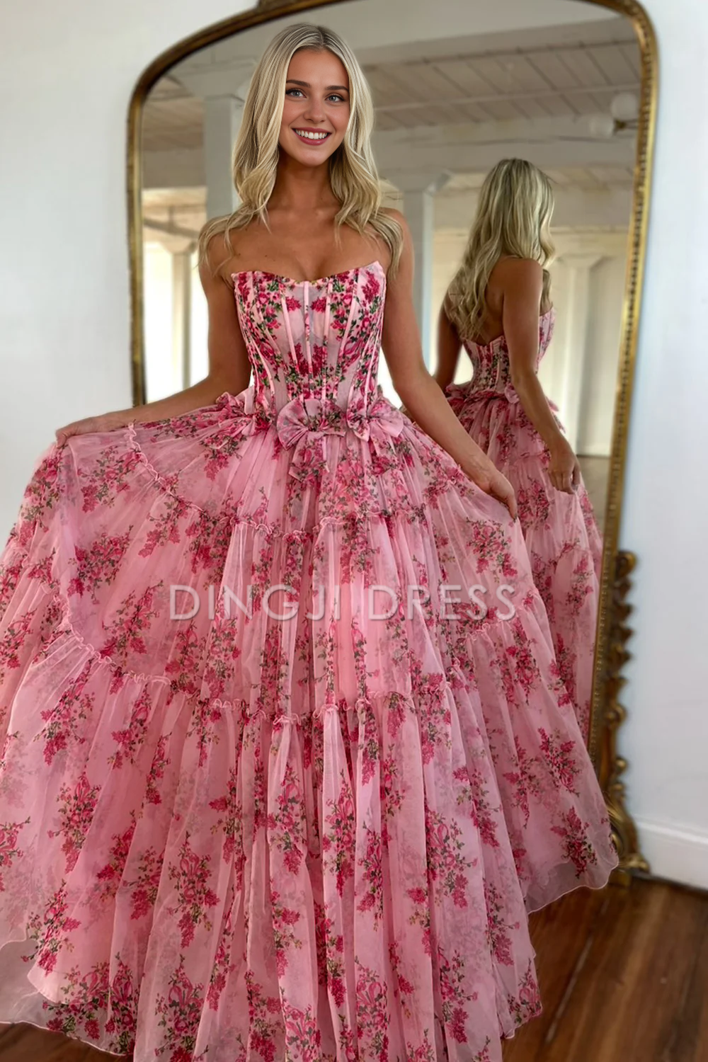 DingJiDress Charming A-Line Strapless Long Retro Print Tulle Romantic Prom Dress