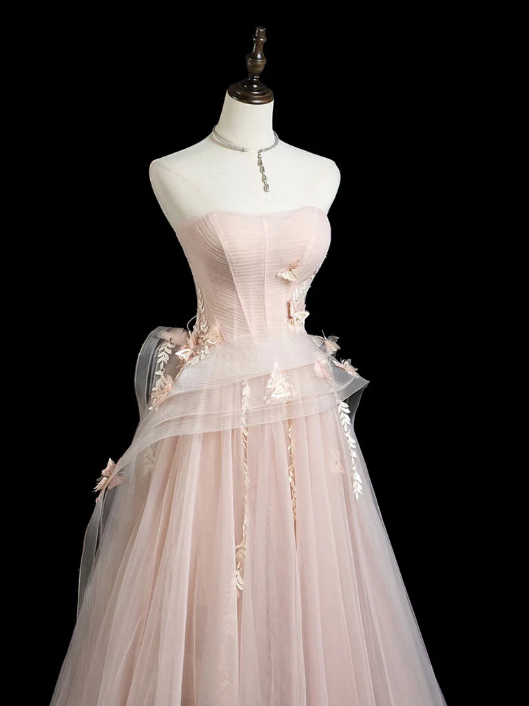 A-Line Tulle Lace Pink Long Prom Dress Pink Long Formal Dress