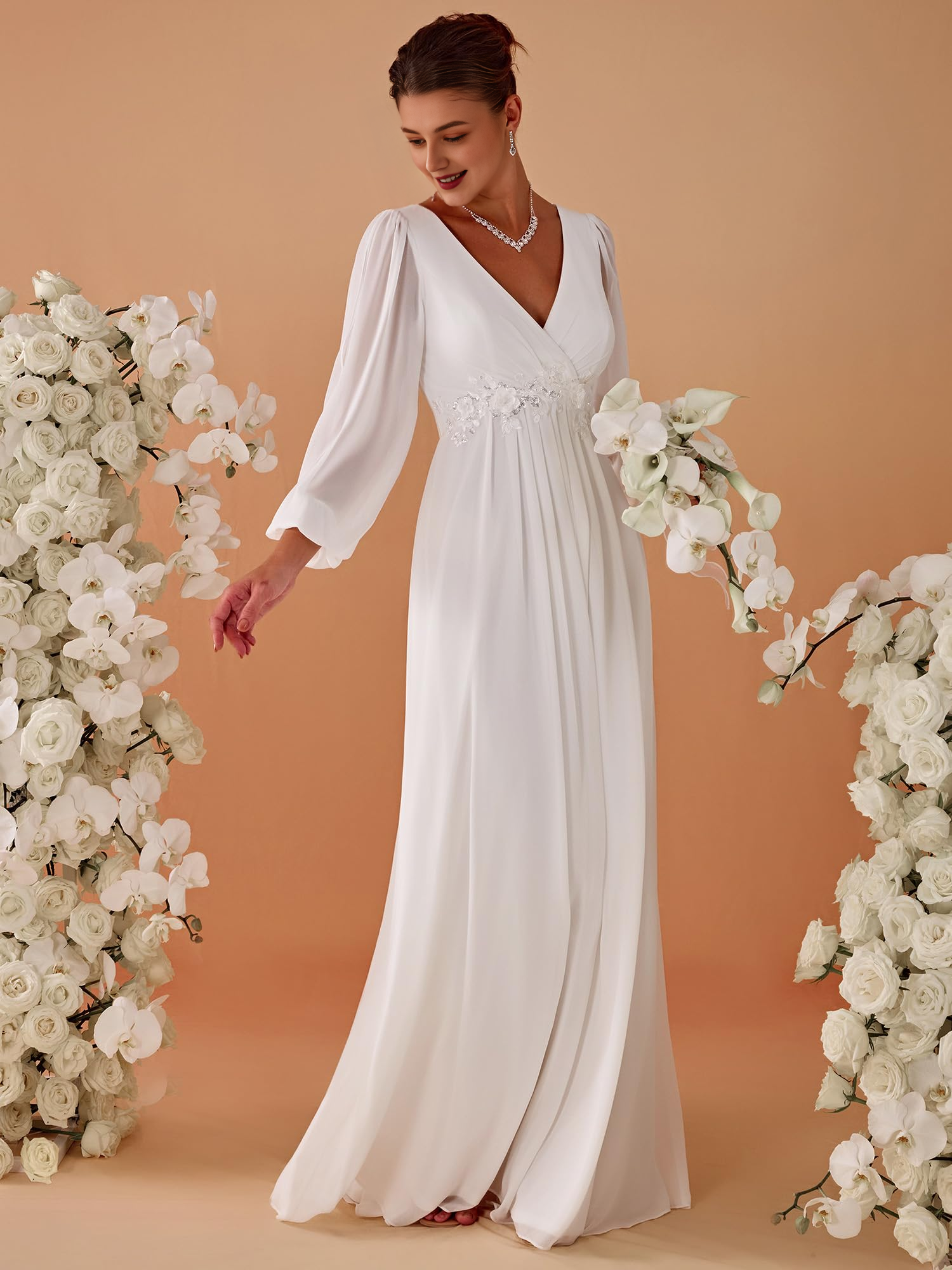 DingJiDress Wedding Dress Neck Long Sleeves Floor Length Ruched Chiffon Formal Women's Dresses