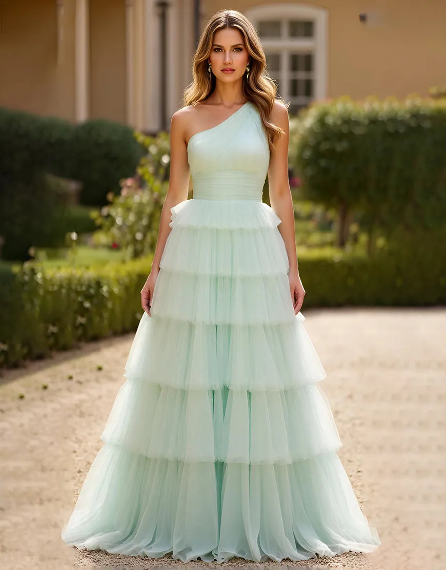 Fashionable mint green long shoulder pleated ball gown