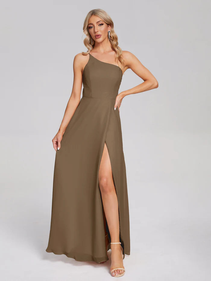 One Shoulder Chiffon Prom Dress with Side Slit