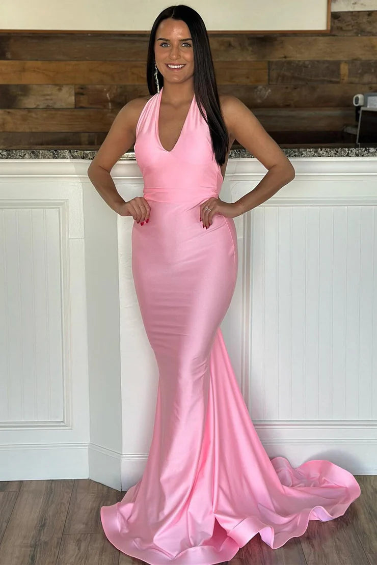 Charming Mermaid Purple Halter Backless  Satin Long Formal Dress