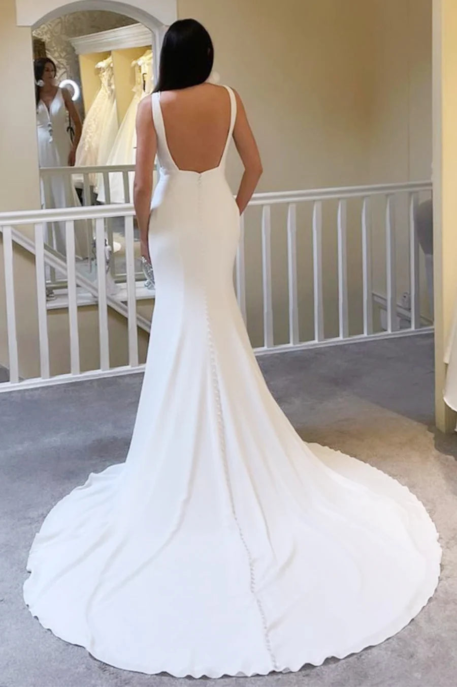 Plunge V Open Back Mermaid Long Wedding Dress