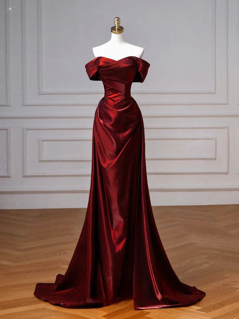Simple Off Shoulder Satin Burgundy Long Prom Dress Burgundy Long Formal Dress