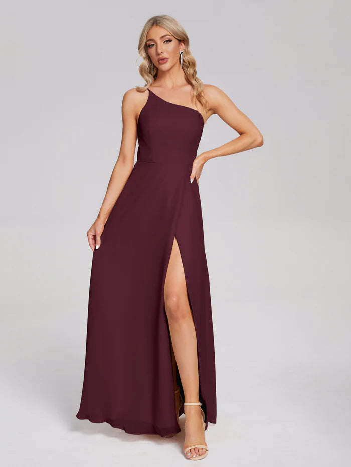 One Shoulder Chiffon Prom Dress with Side Slit